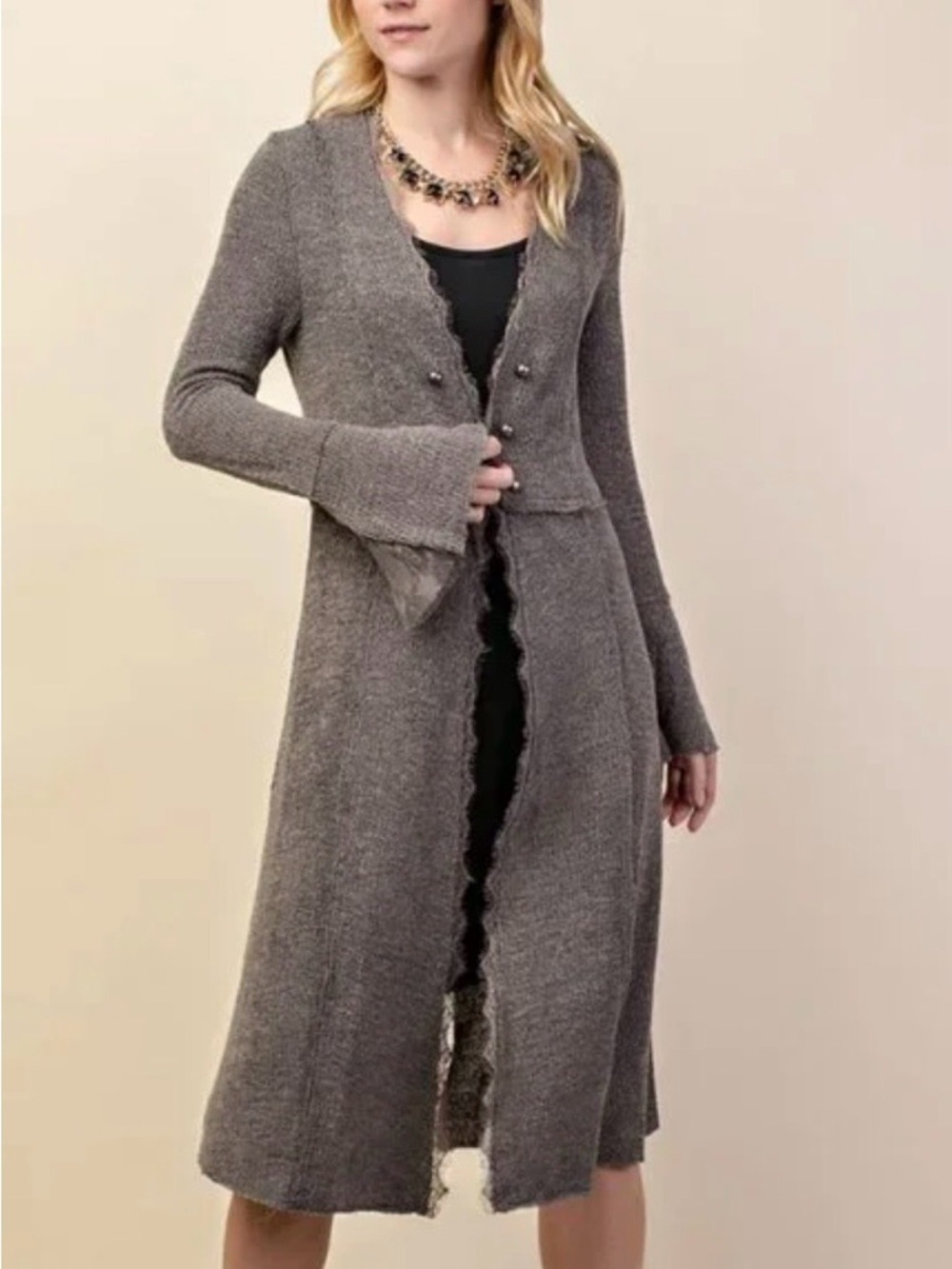 VOCAL Womens Boho Gray Studded Open Front Long Cardigan Sweater Lace Trim L